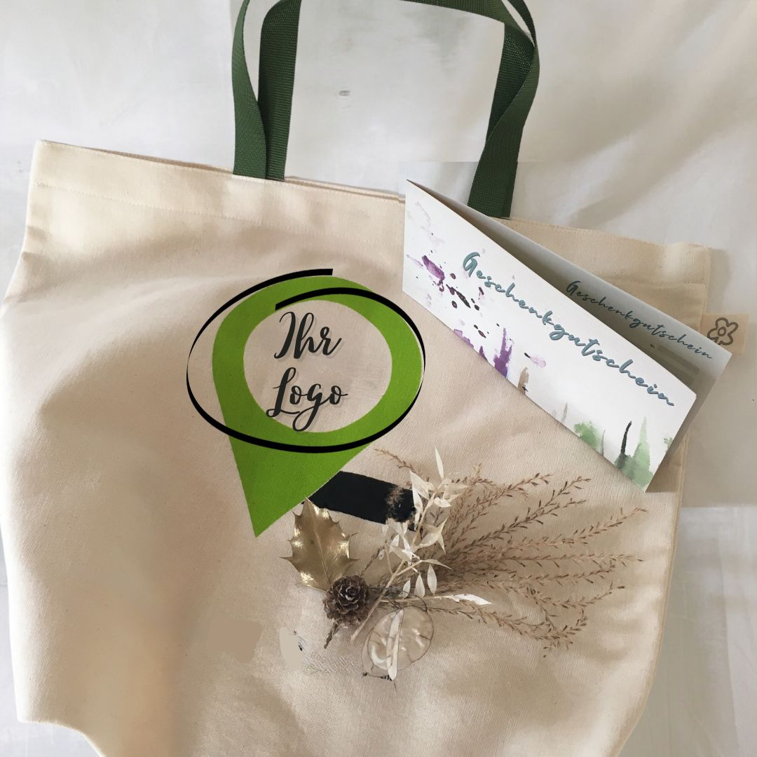 Tasche mit Firmenlogo (regional gefertigt) mit (optional) Wohlfühl-Café-Gutschein (ab 10 Stk.)