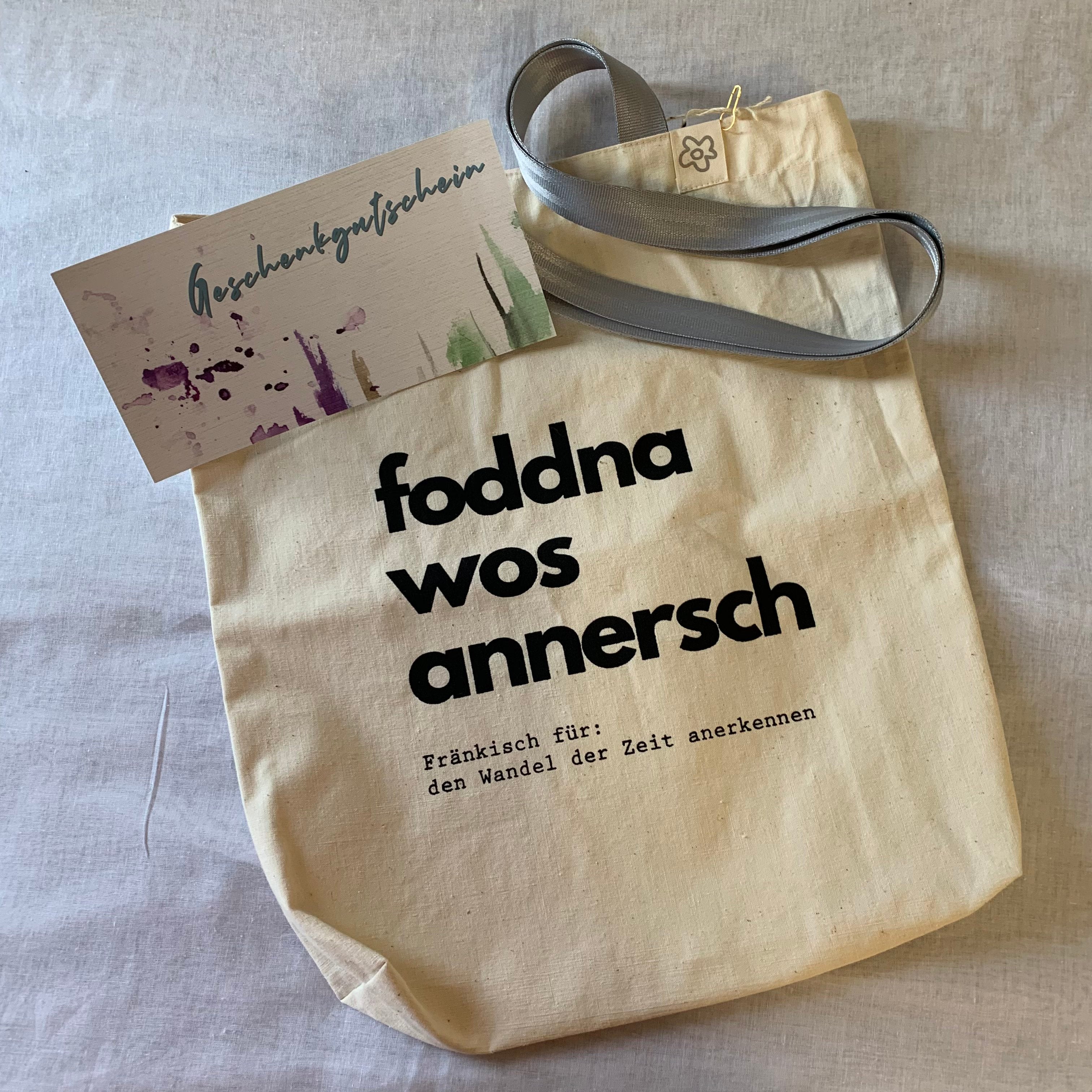 "foddna wos annersch"-Tasche (optional mit Firmenlogo o.ä.) mit Wohlfühl-Café-Gutschein (Kopie)